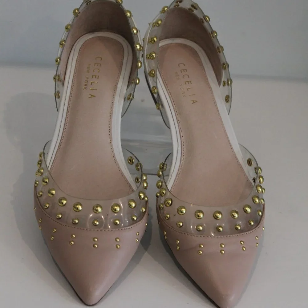 Cecelia New York Min White Ballet Flats Clear Chic Pointy Studded Shoes 7.5